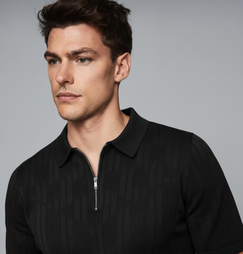 BLACK HALF-ZIP KNITTED POLO