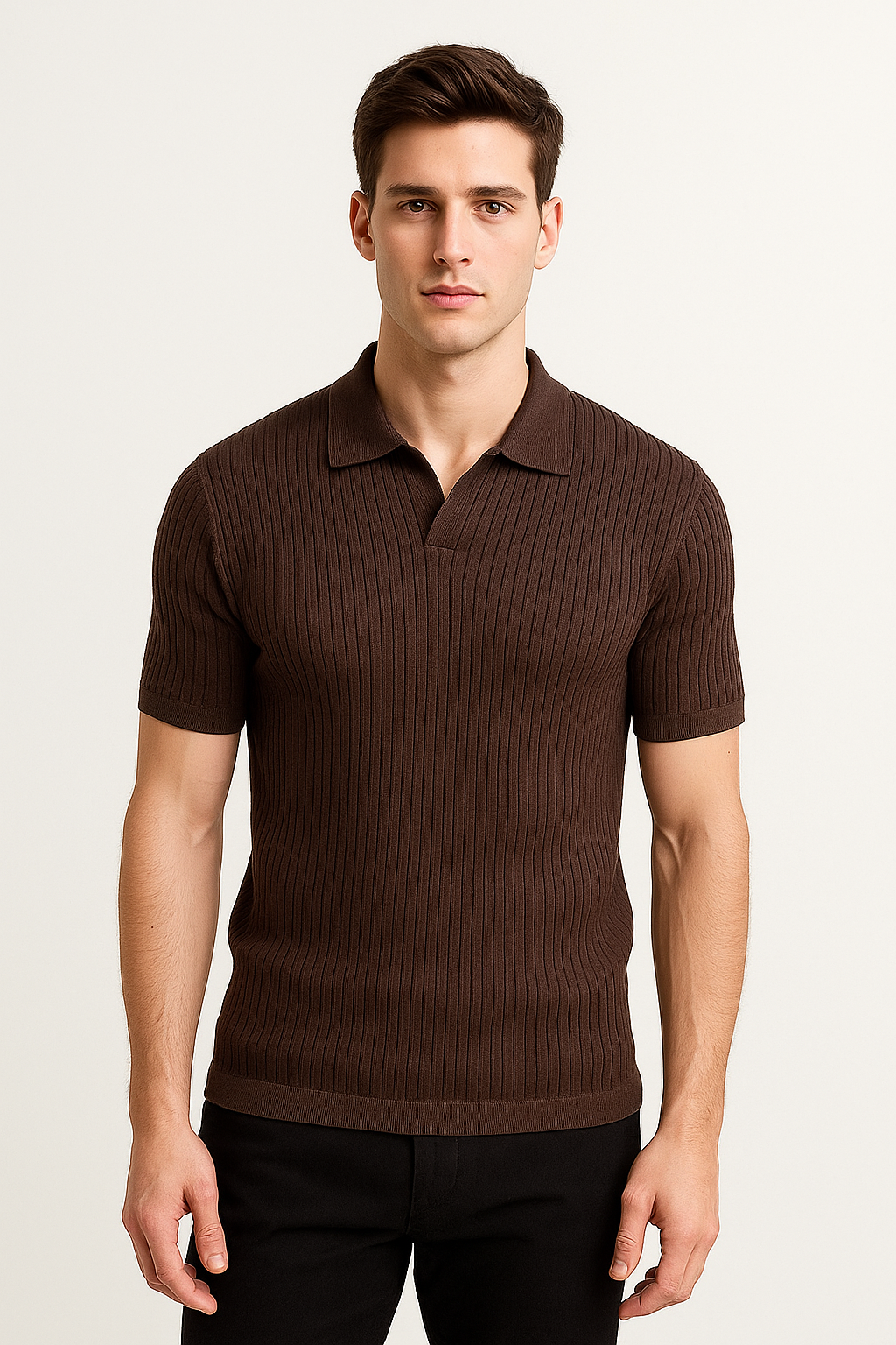 PREMIUM KNIT POLO – DARK BROWN TEXTURED RIB
