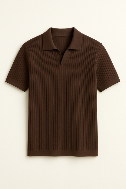PREMIUM KNIT POLO – DARK BROWN TEXTURED RIB