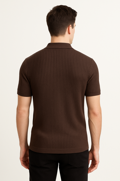 PREMIUM KNIT POLO – DARK BROWN TEXTURED RIB