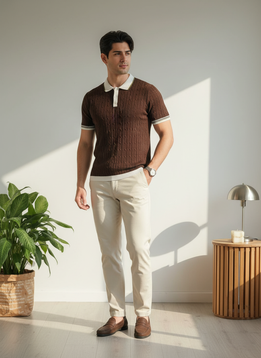 RETRO KNIT POLO-COFFEE BEIGE